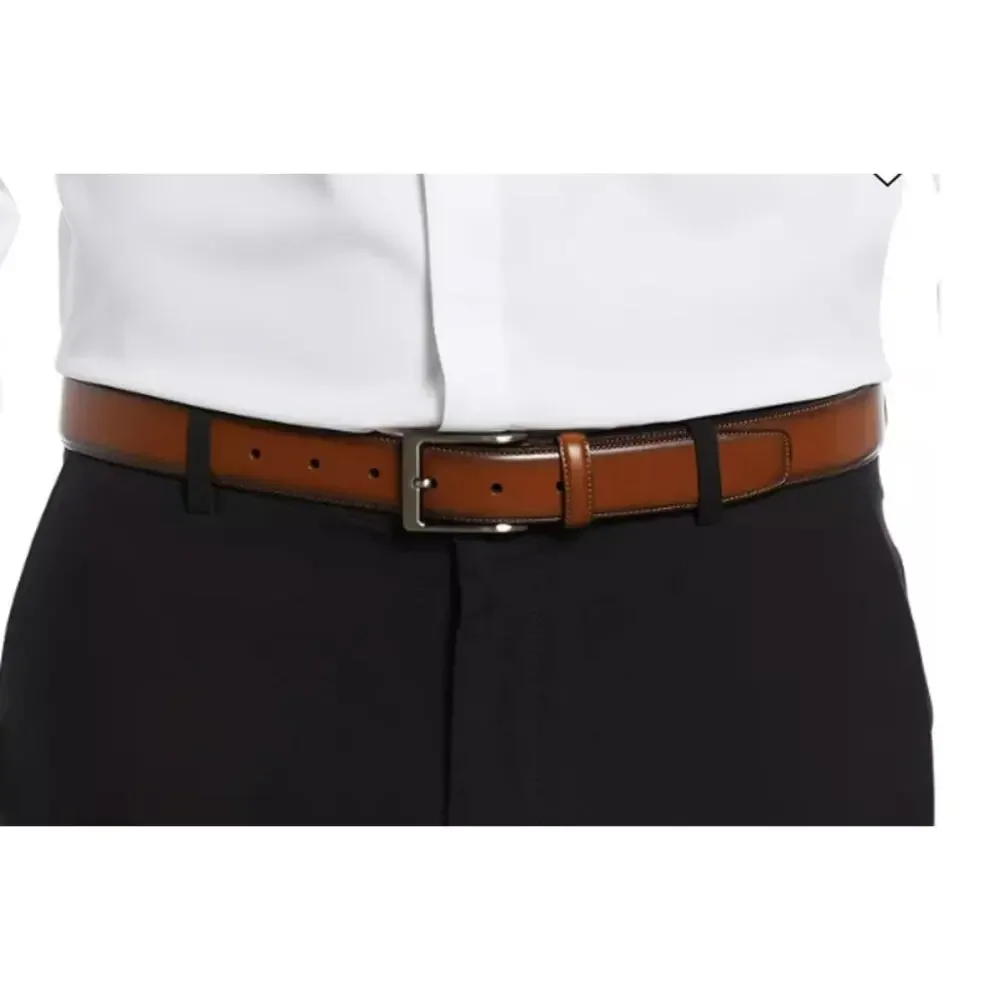 PERRY ELLIS 32 Brown Belt Leather Full Grain Cowhide Silver‎